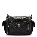 Shiny Crumpled Lambskin Quilted Small Preppy Pocket Camera Case Black