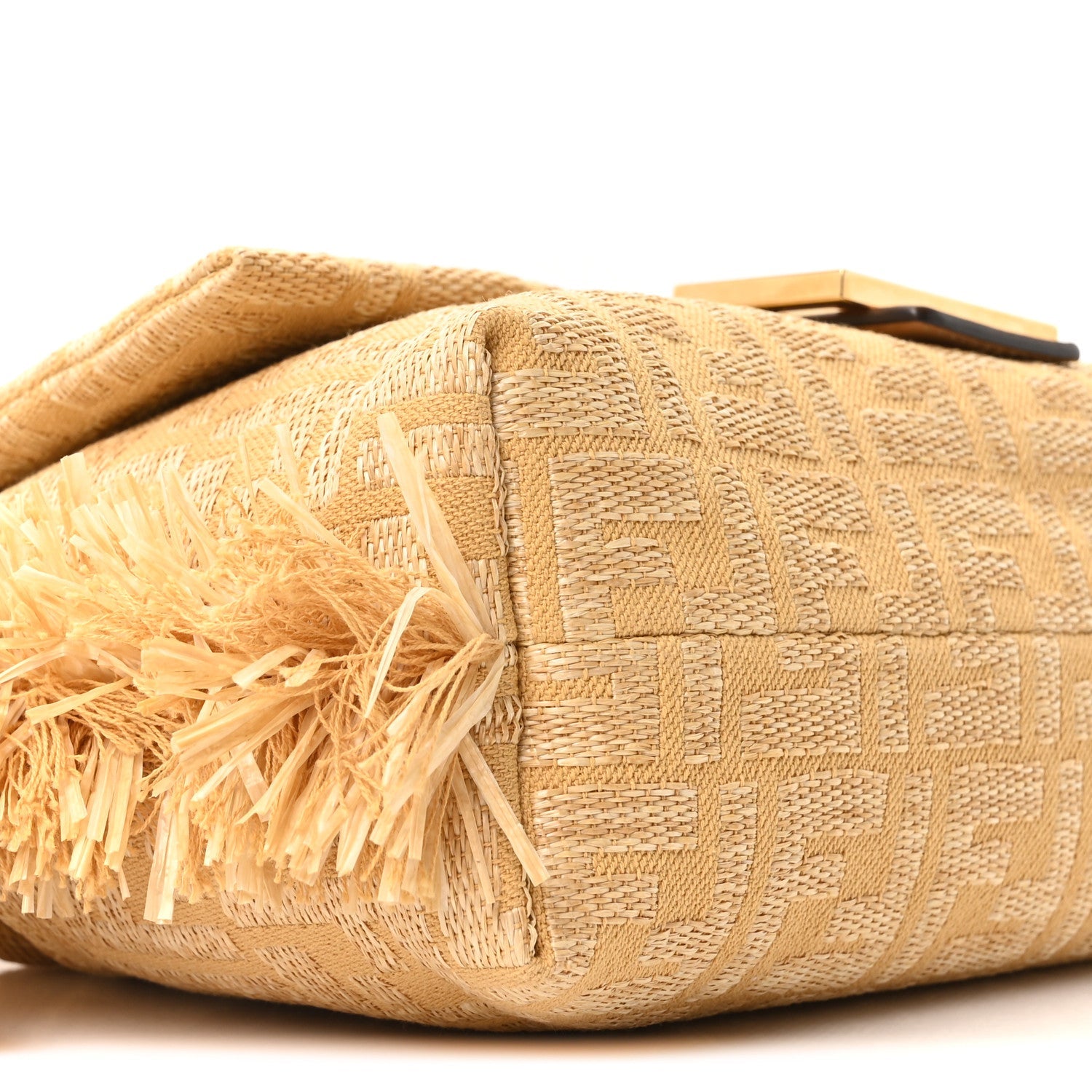 Fabric Jacquard Raffia Straw Fringe Medium Mamma Baguette Beige