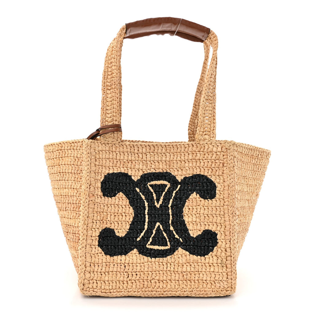 Raffia Calfskin Triomphe Cube Tote Natural Black