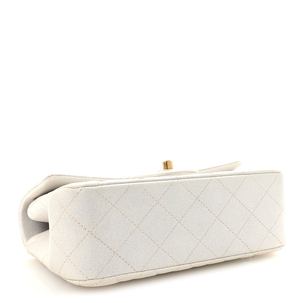 Iridescent Lambskin Quilted Mini Top Handle Rectangular Flap White