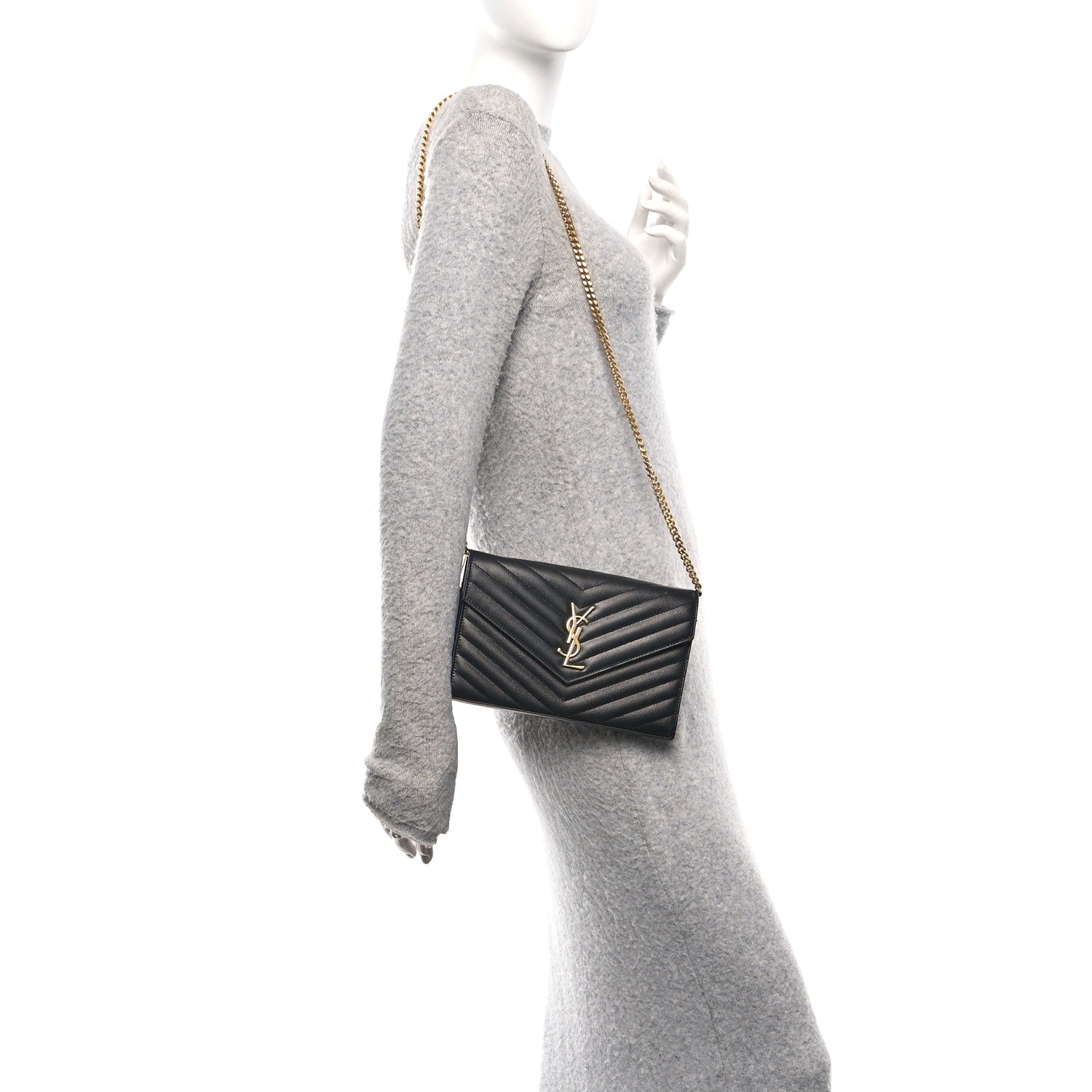 Grain De Poudre Matelasse Chevron Monogram Chain Wallet Black