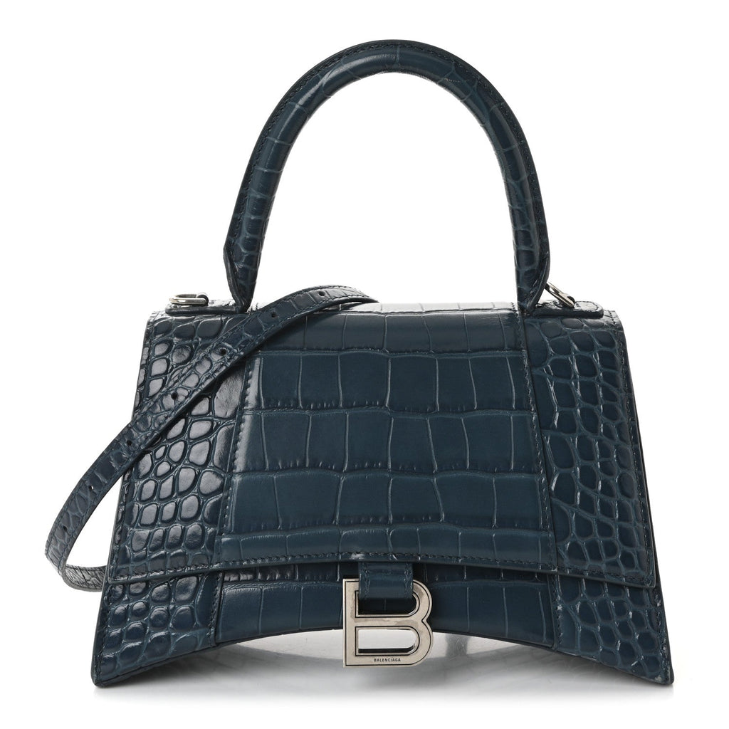 Shiny Calfskin Crocodile Embossed Small Hourglass Top Handle Bag Dark Petrol Blue