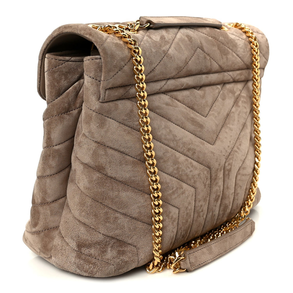 Suede Y Quilted Monogram Medium Loulou Chain Satchel Taupe