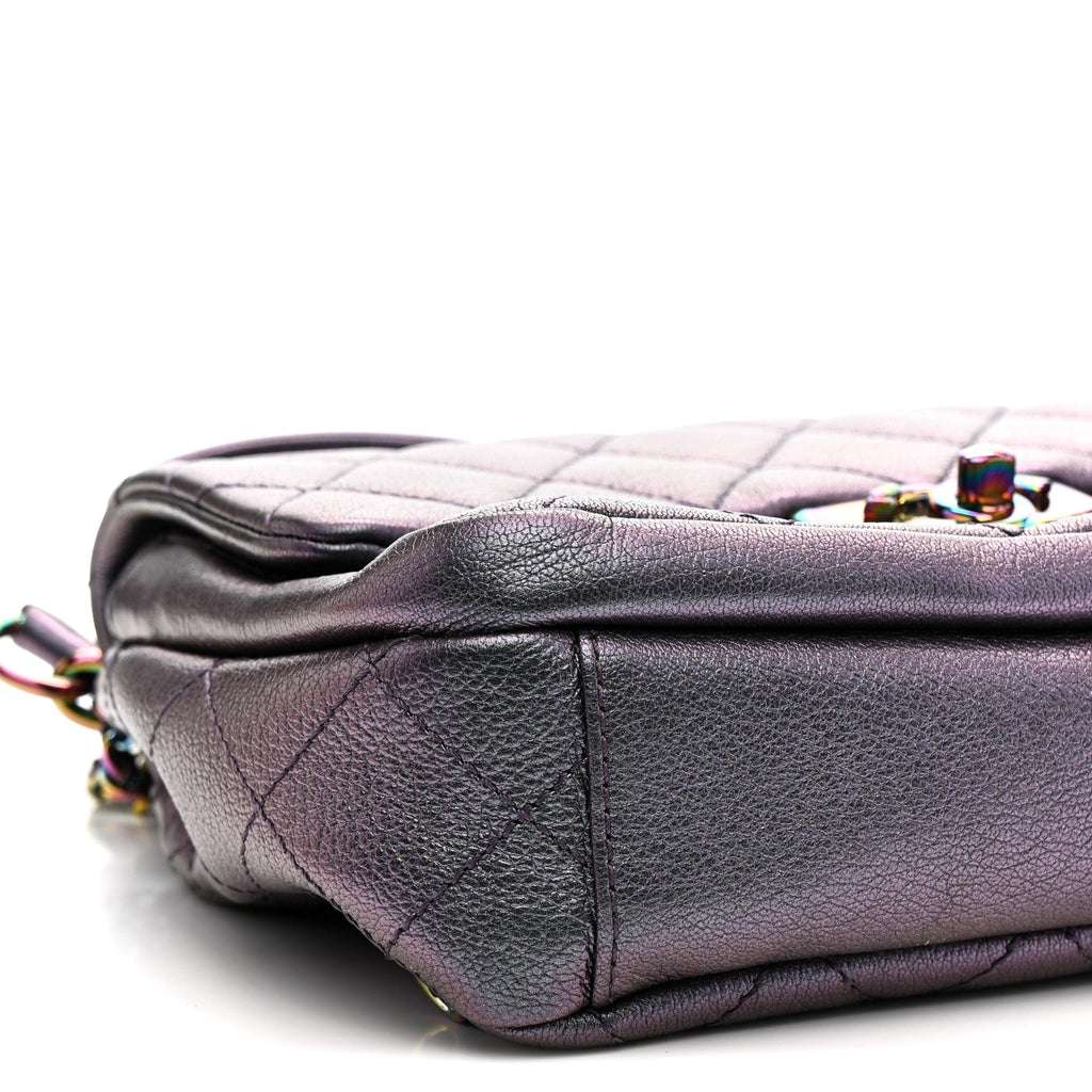 Iridescent Goatskin Quilted Small Double Carry Waist Chain Flap Purple