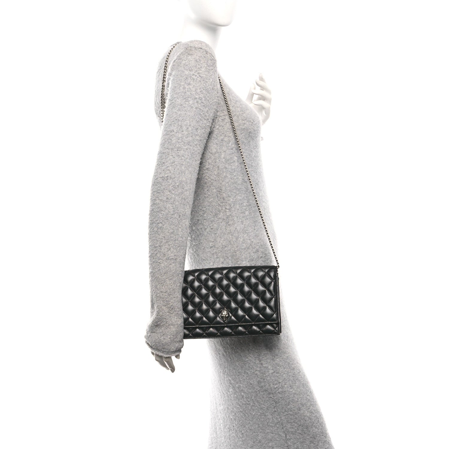 Calfskin Quilted Medium Skull Chain Crossbody Bag Black