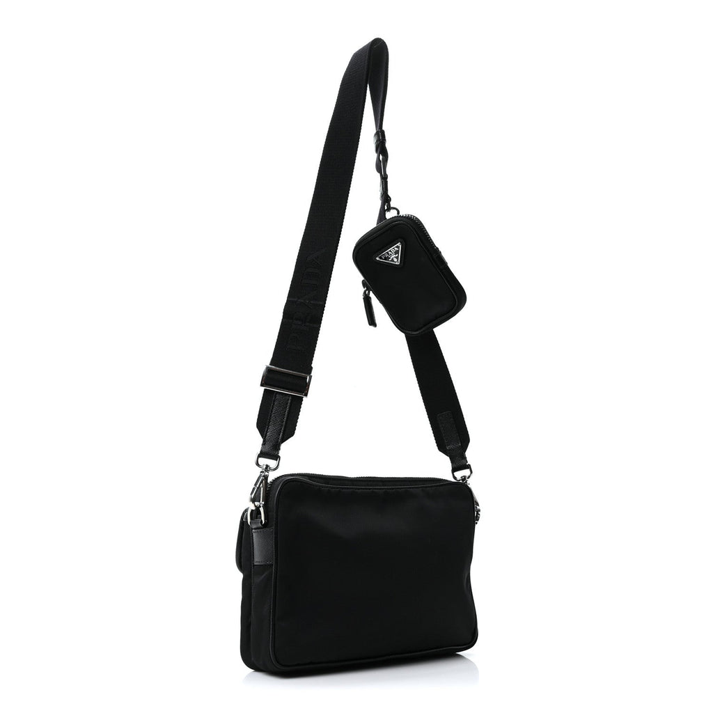 Re-Nylon Saffiano Pocket Single Snap Buckle Shoulder Bag Black