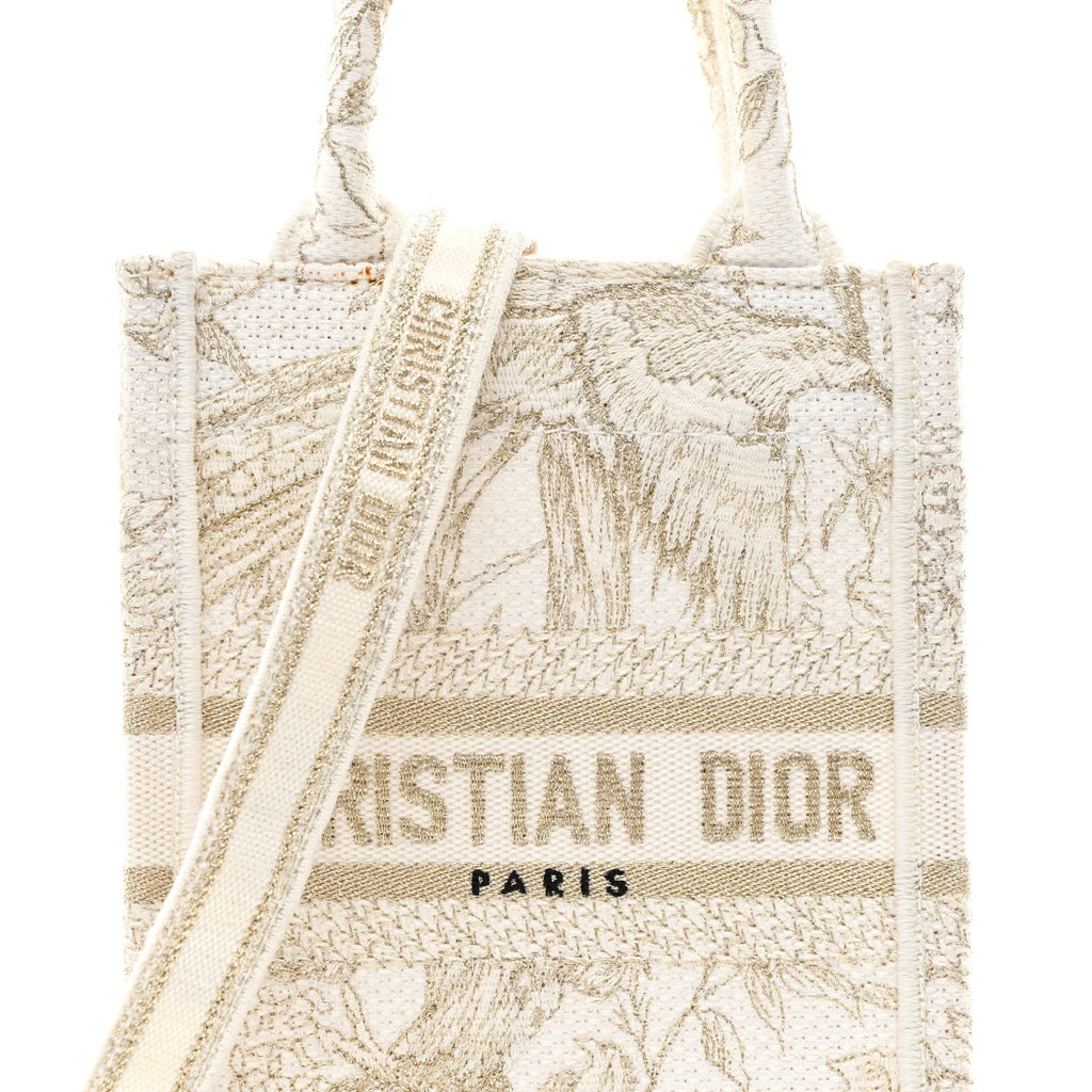 Canvas Embroidered Jardin D'Hiver Mini Book Tote Phone Bag White Gold