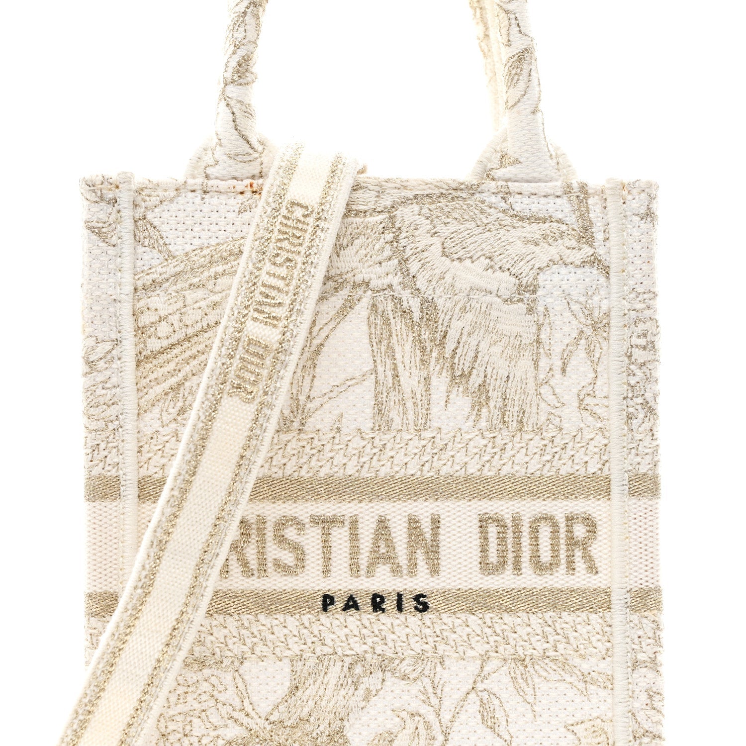 Canvas Embroidered Jardin D'Hiver Mini Book Tote Phone Bag White Gold