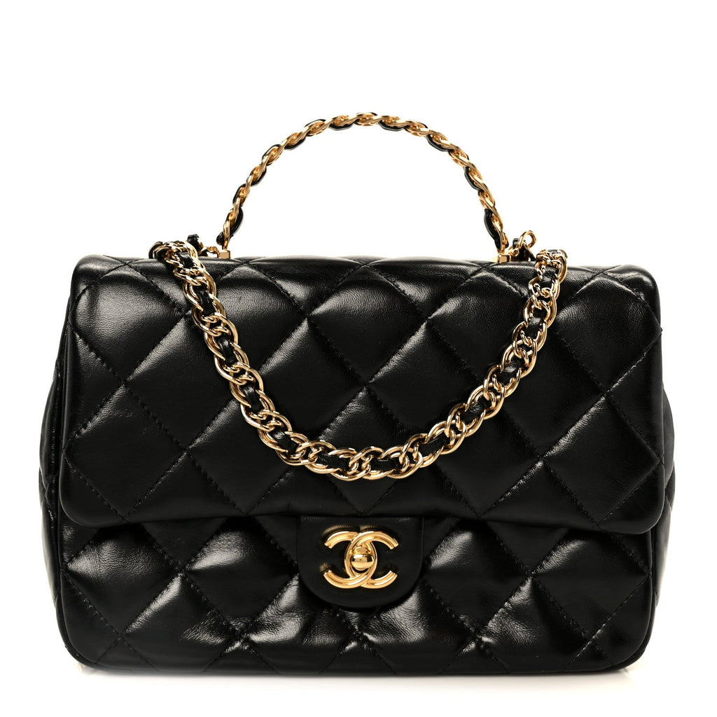 Shiny Lambskin Quilted Golden Links Top Handle Flap Black