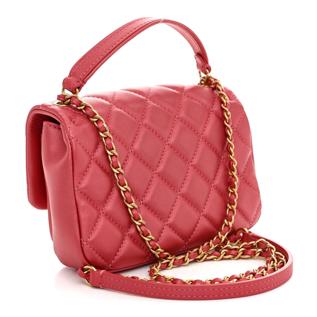 Metallic Calfskin Quilted Top Handle Flap Dark Pink