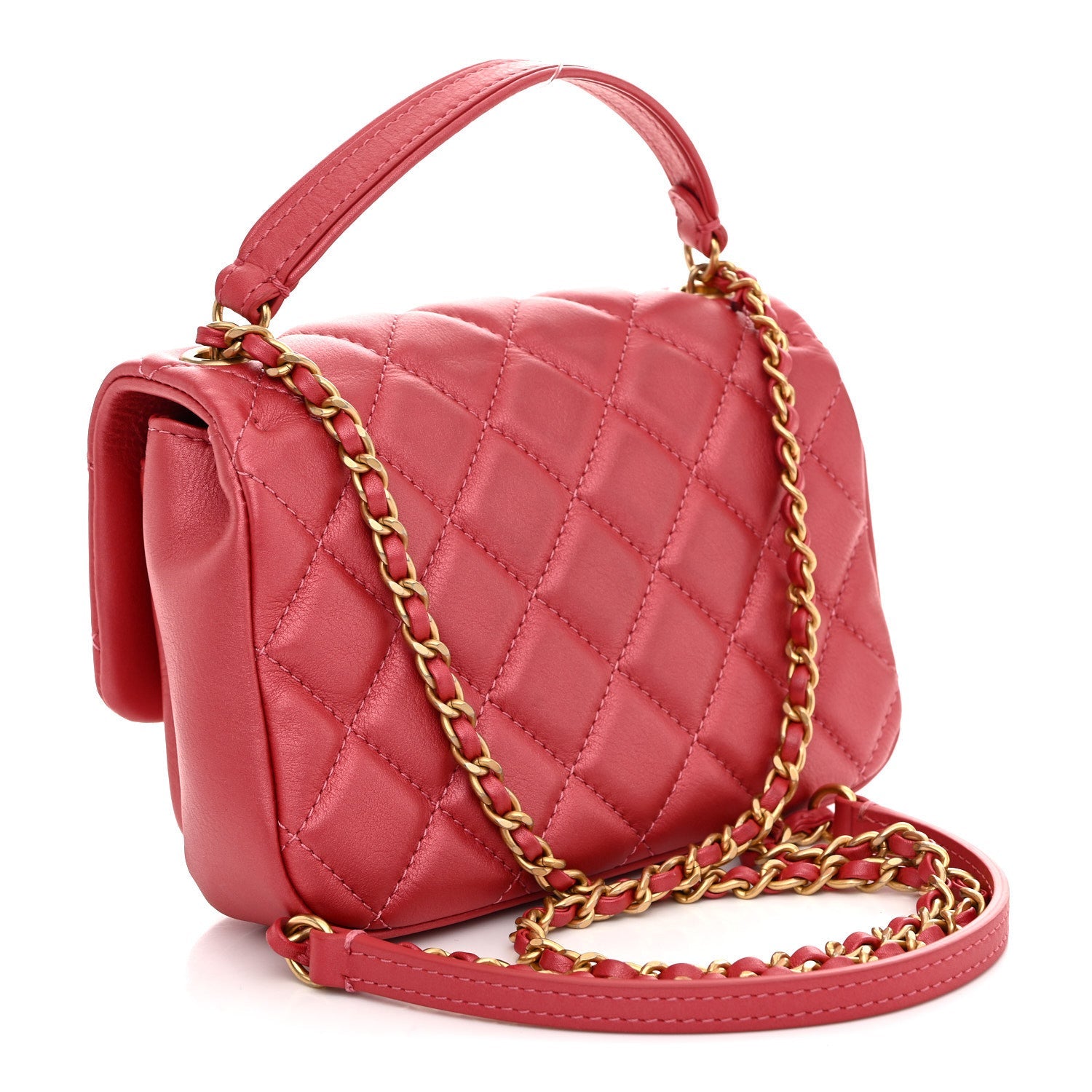 Metallic Calfskin Quilted Top Handle Flap Dark Pink