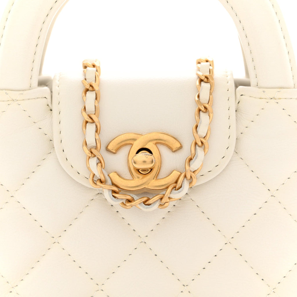 Shiny Aged Calfskin Quilted Mini Nano Kelly Shopper White
