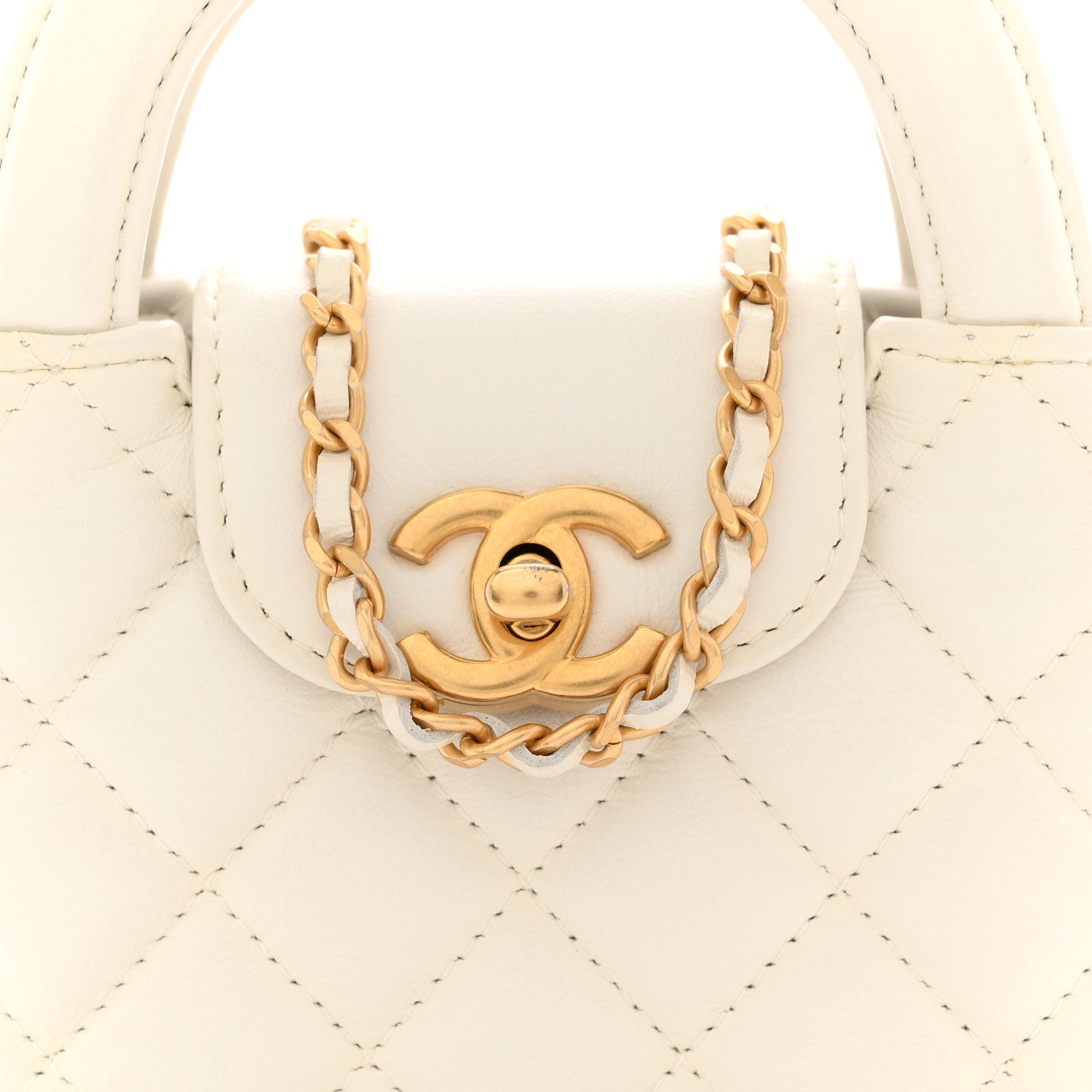 Shiny Aged Calfskin Quilted Mini Nano Kelly Shopper White