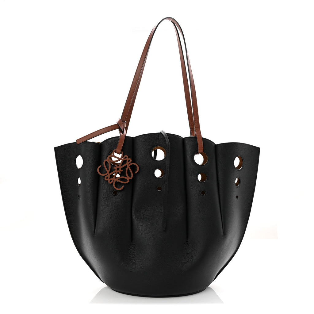 Calfskin Perforated Small Shell Tote  Black