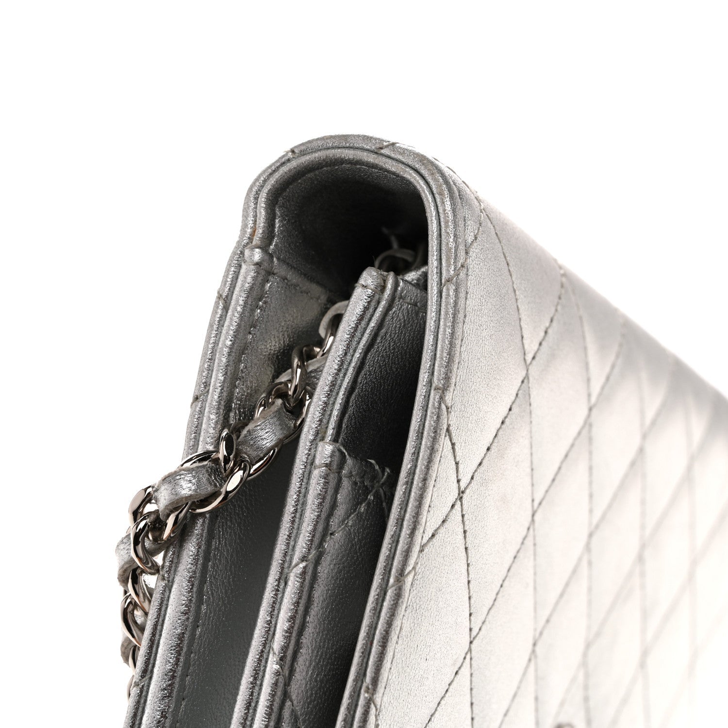 Metallic Lambskin Quilted Wallet On Chain WOC Silver