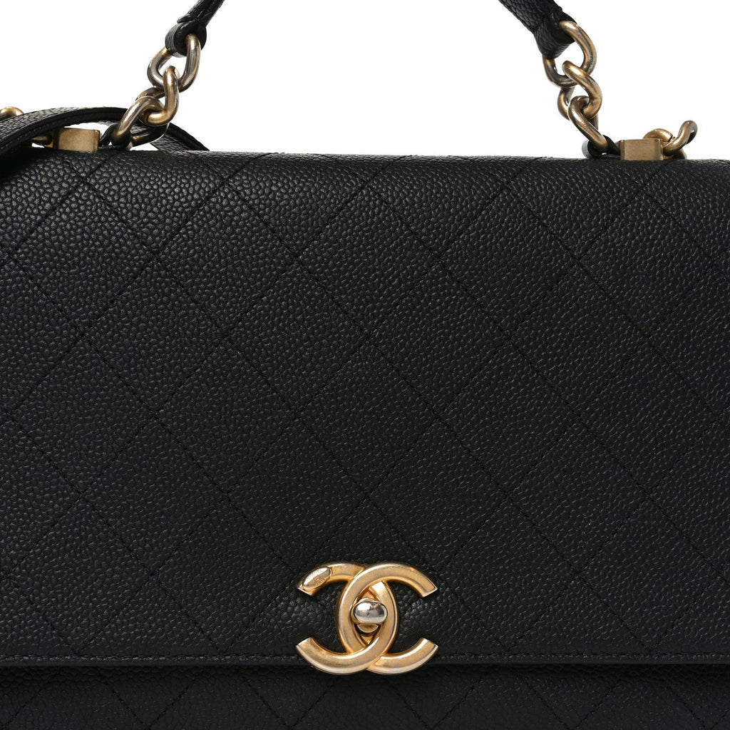 Caviar Diamond Stitched Top Handle Flap Black