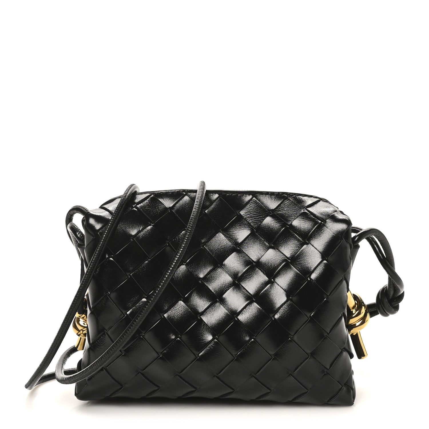 Polished Nappa Intrecciato Metallic Knot Mini Loop Camera Bag Black
