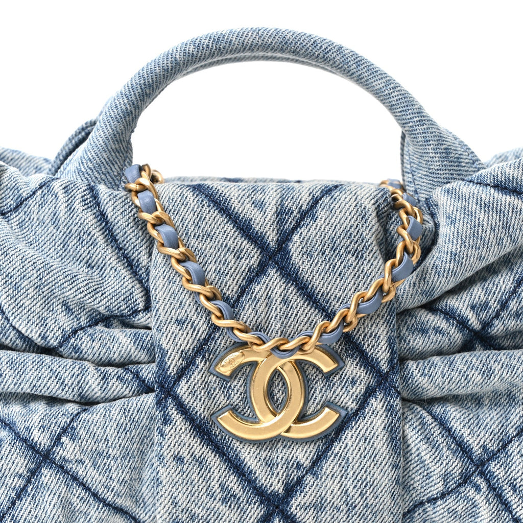Washed Denim Quilted Mini Bow Bag Blue