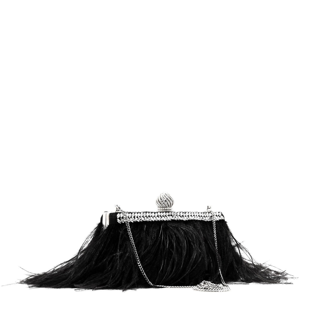Satin Feather Crystal Embellished Celeste Clutch Black