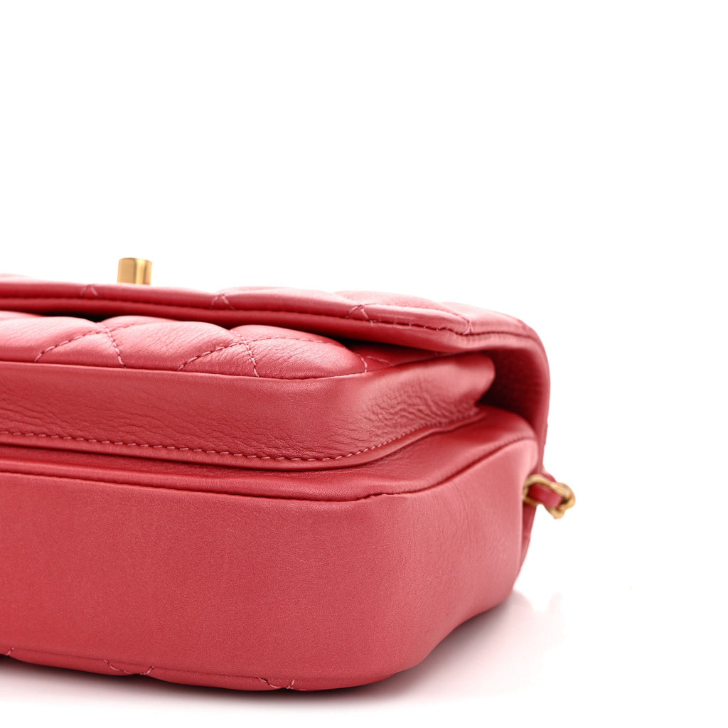 Metallic Calfskin Quilted Top Handle Flap Dark Pink