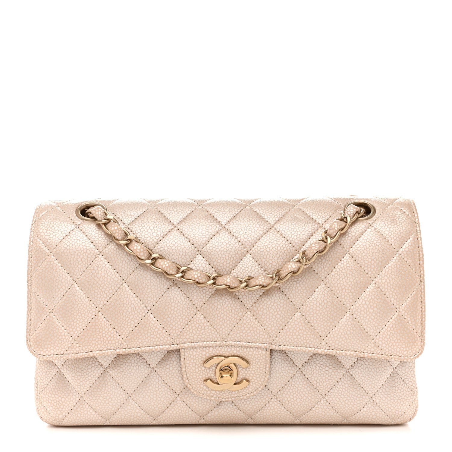 Pearly Caviar Quilted Medium Double Flap Light Beige