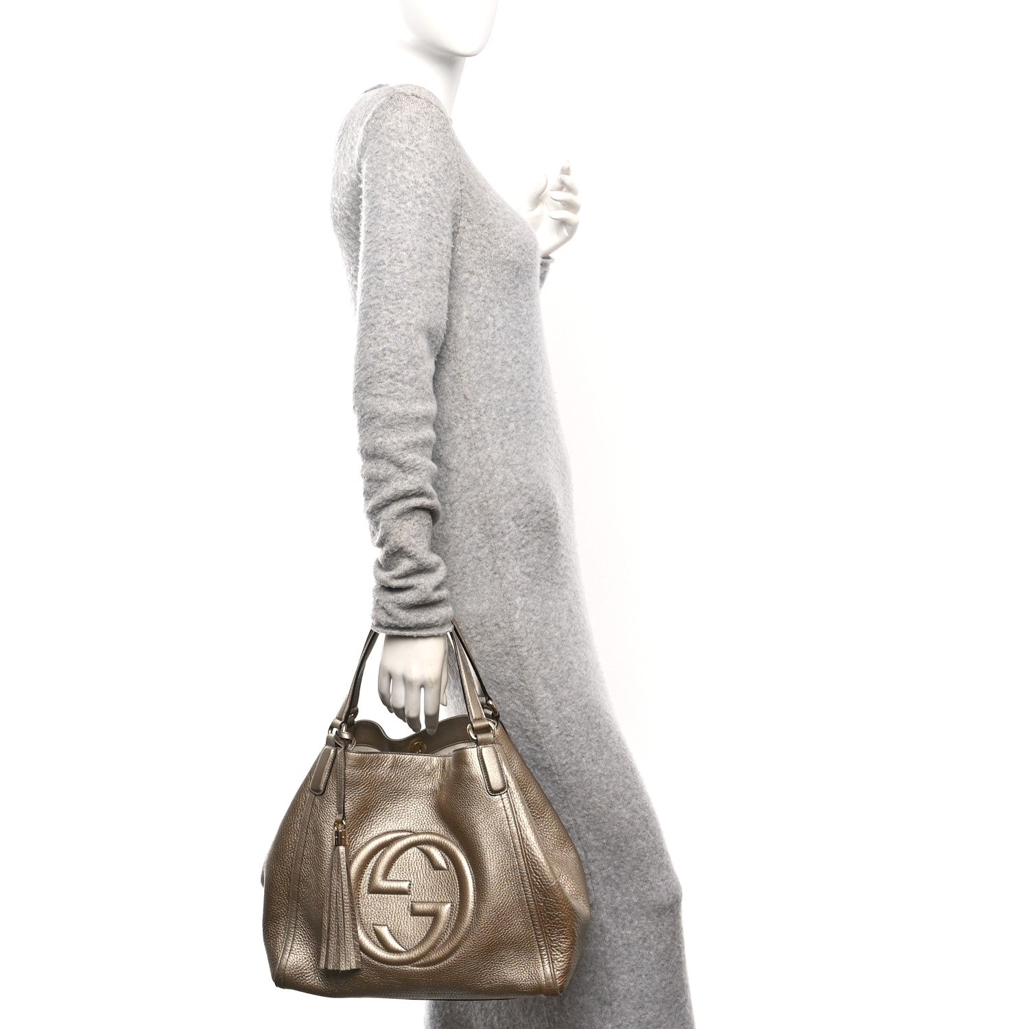 Metallic Pebbled Calfskin Medium Soho Shoulder Bag Golden Beige