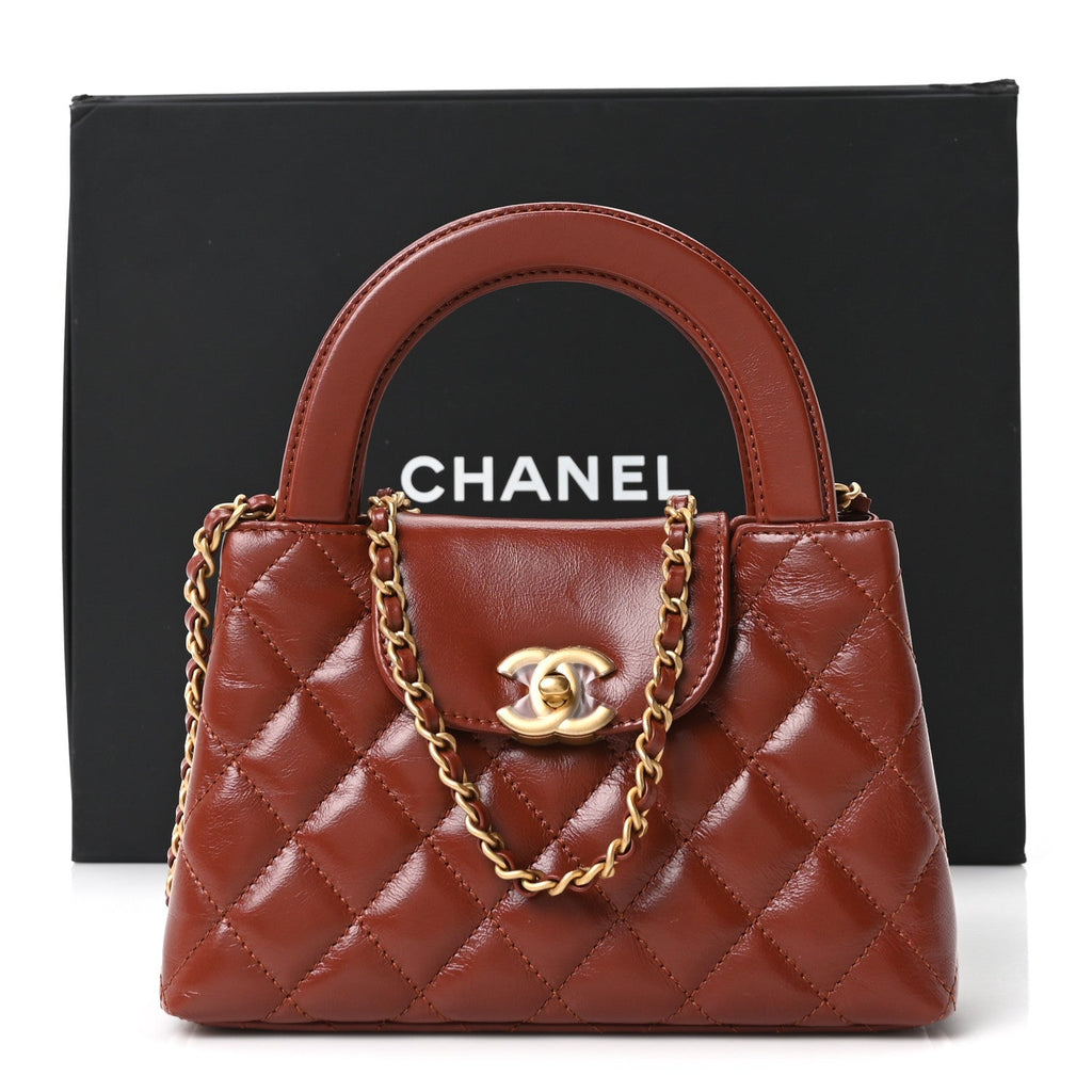 Shiny Aged Calfskin Quilted Nano Kelly Shopper Brown