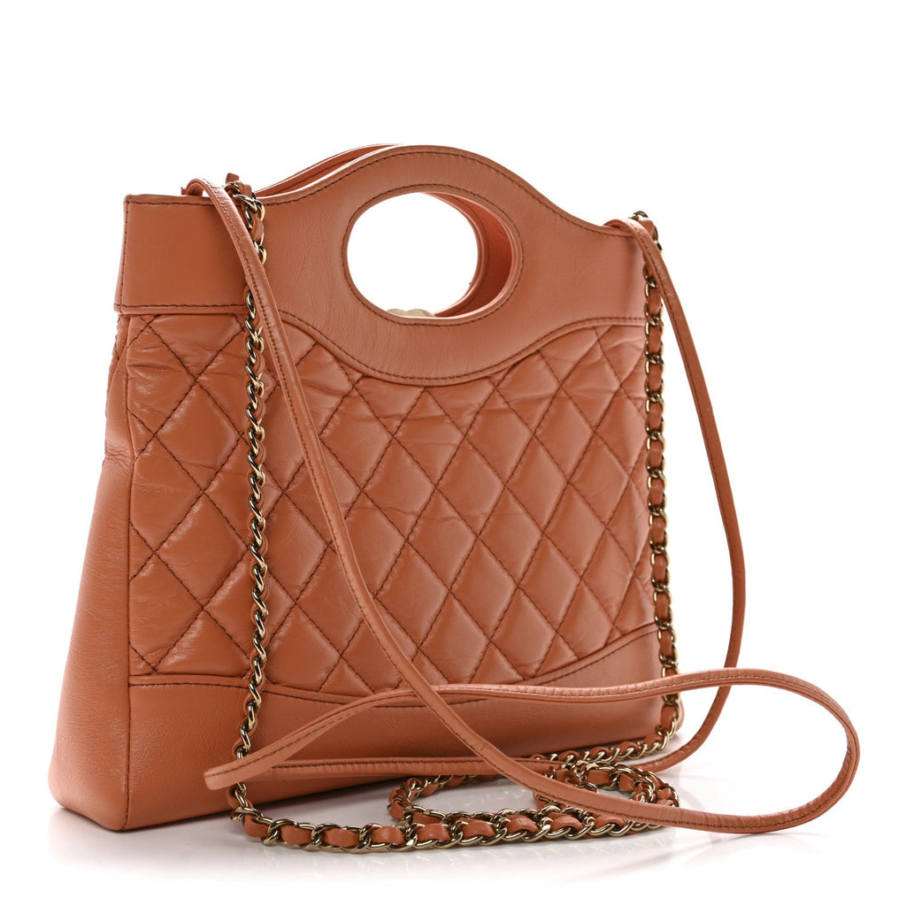 Shiny Crumpled Calfskin Quilted Mini 31 Shopping Bag Orange