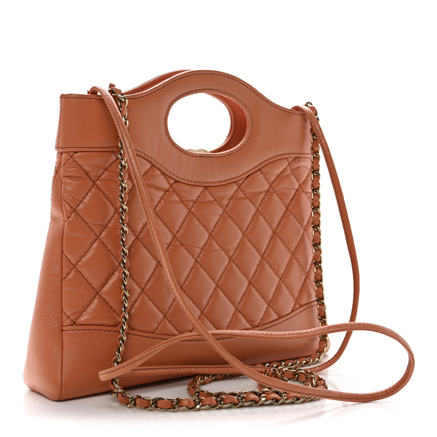 Shiny Crumpled Calfskin Quilted Mini 31 Shopping Bag Orange