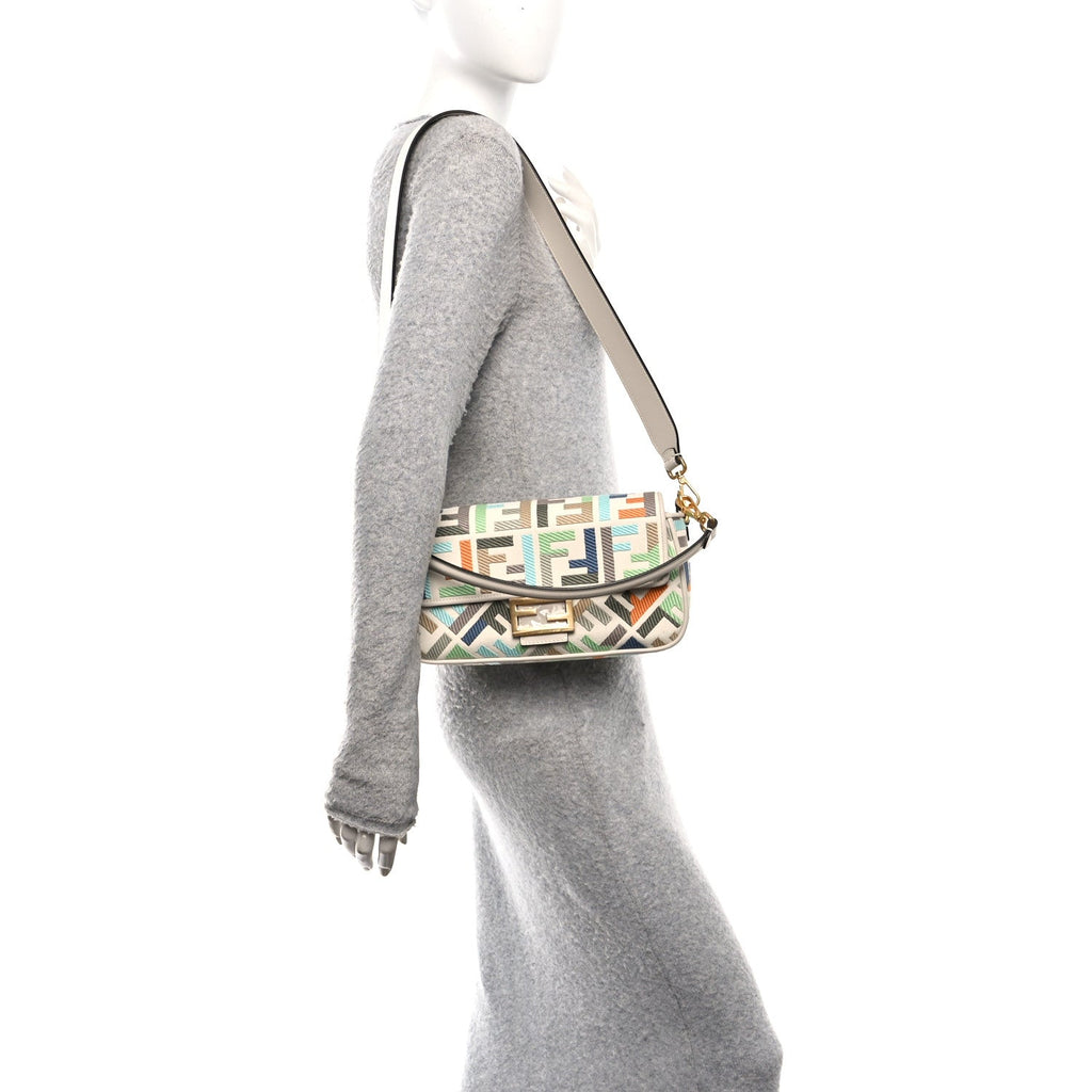Canvas Vitello Seta FF Multicolor Embroidered Baguette Grezzo Multicolor Latte