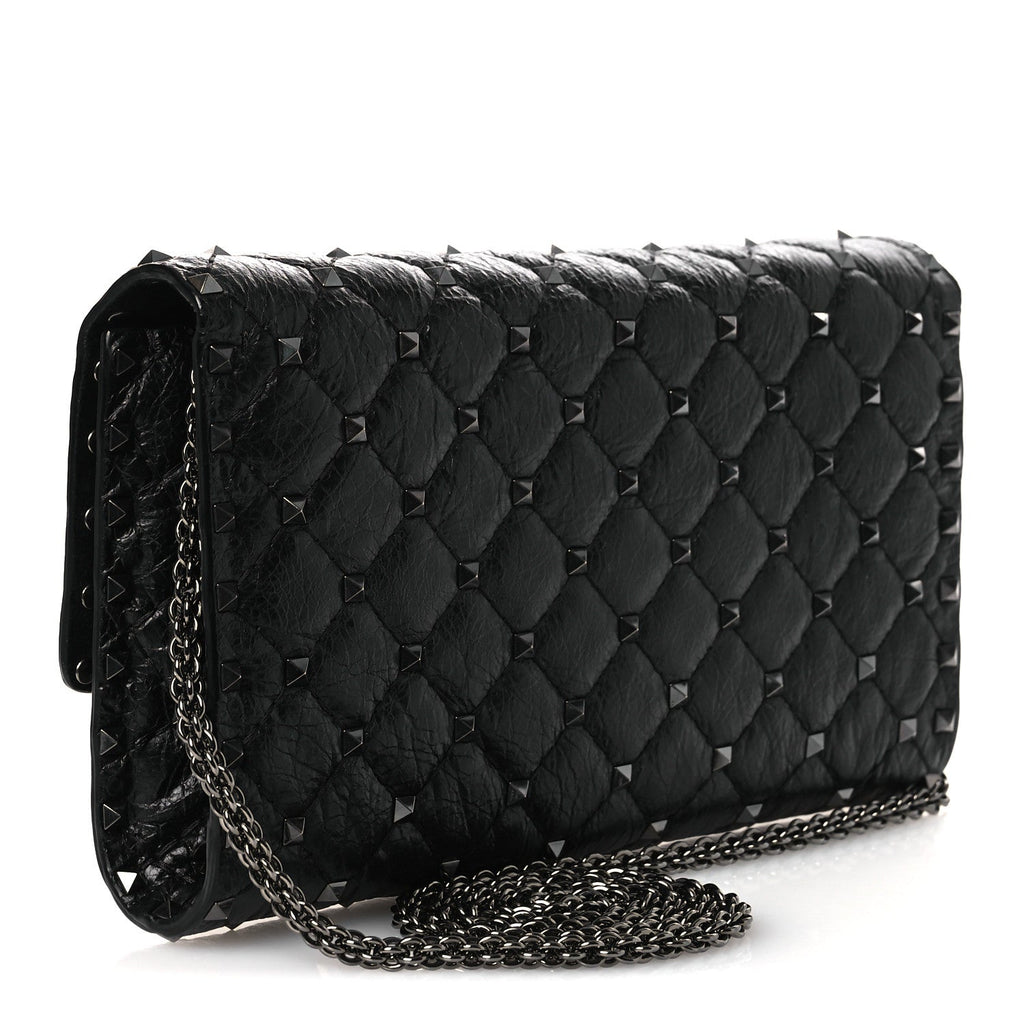 Craquele Nappa Rockstud Spike Wallet on Chain Black