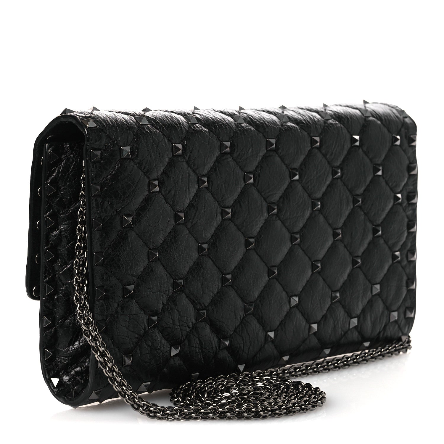 Craquele Nappa Rockstud Spike Wallet on Chain Black