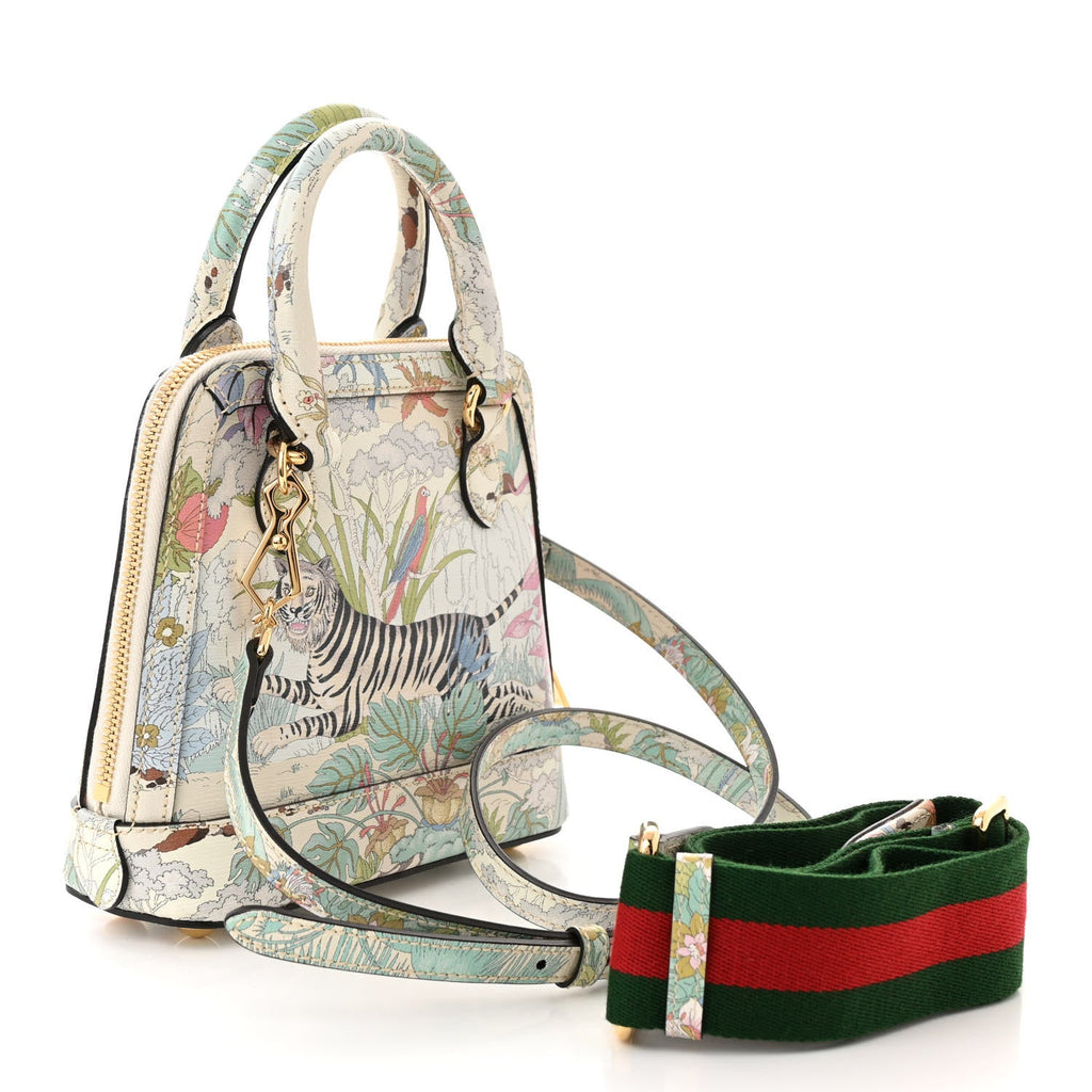 New Shangai Calfskin Tiger Savanah Web Mini Horsebit 1955 Top Handle Bag Chalky White Multicolor