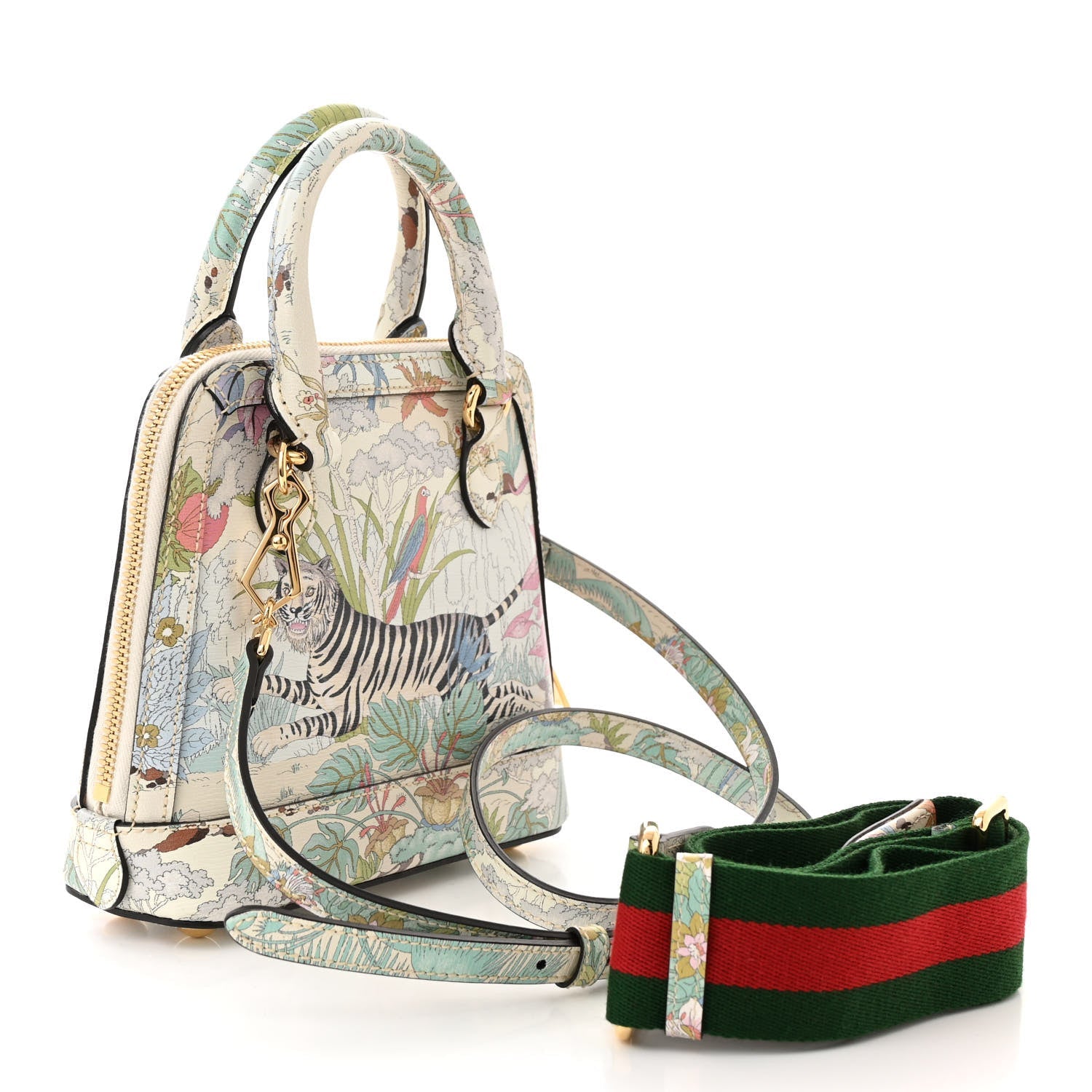 New Shangai Calfskin Tiger Savanah Web Mini Horsebit 1955 Top Handle Bag Chalky White Multicolor