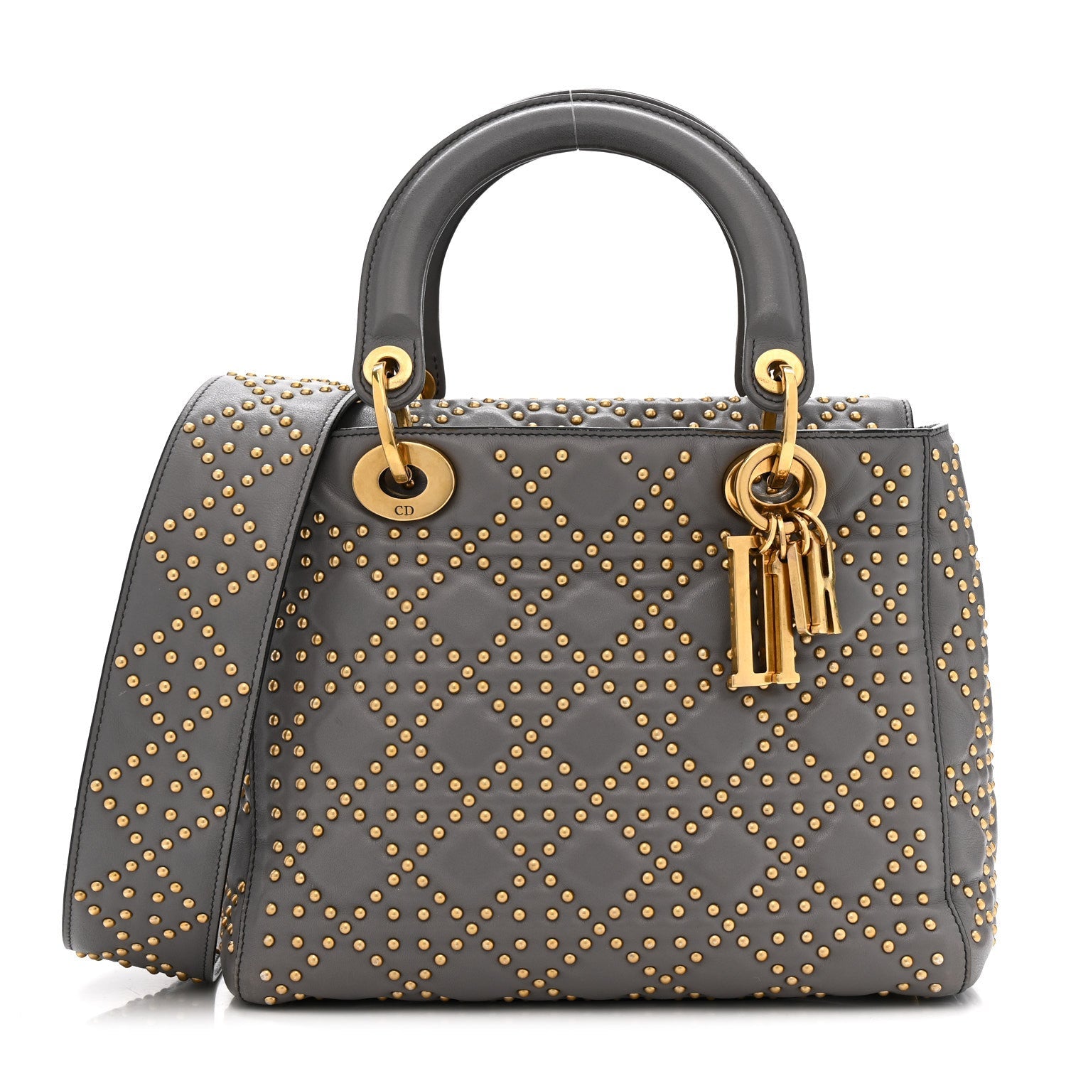 Calfskin Cannage Studded Medium Supple Lady Dior Grey
