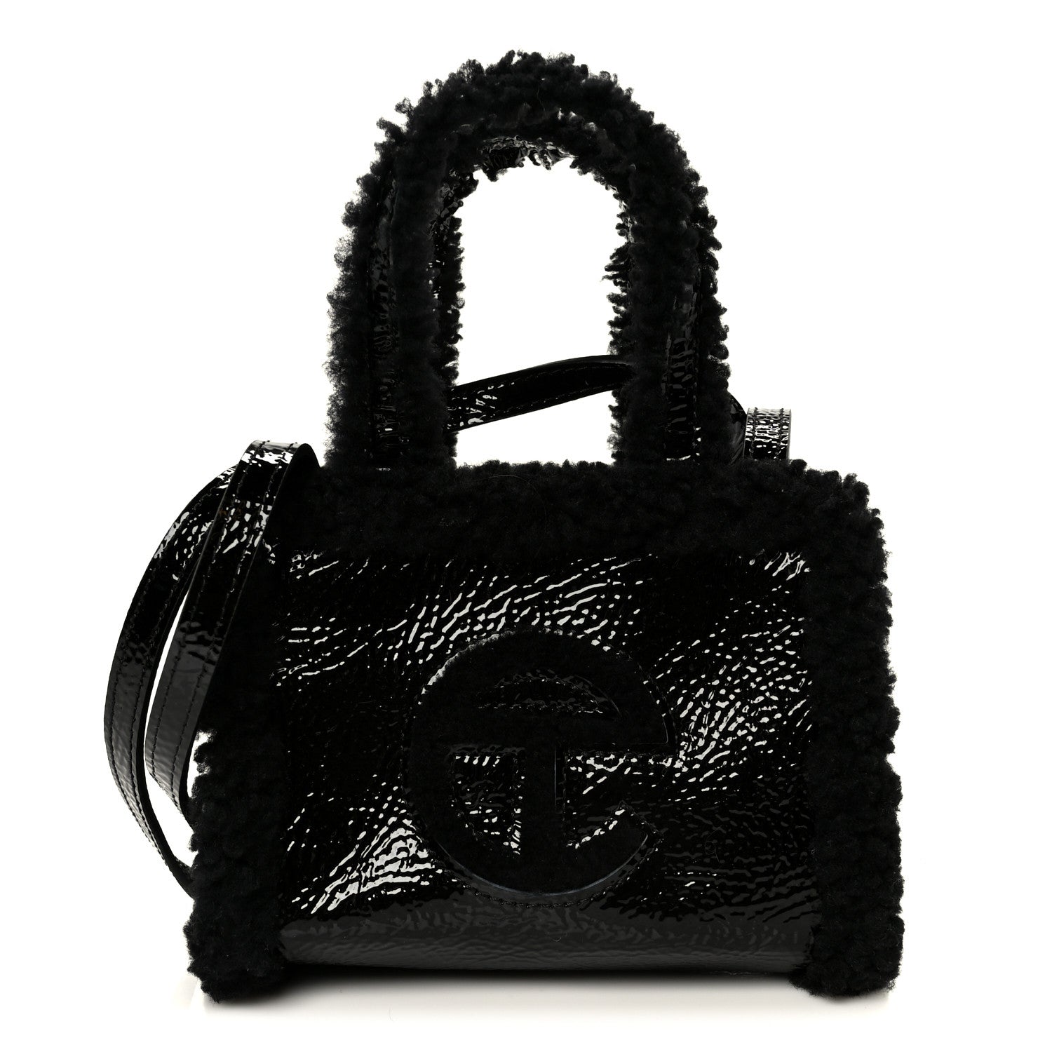 X UGG Crinkle Patent Shearling Small Shopping Bag Black