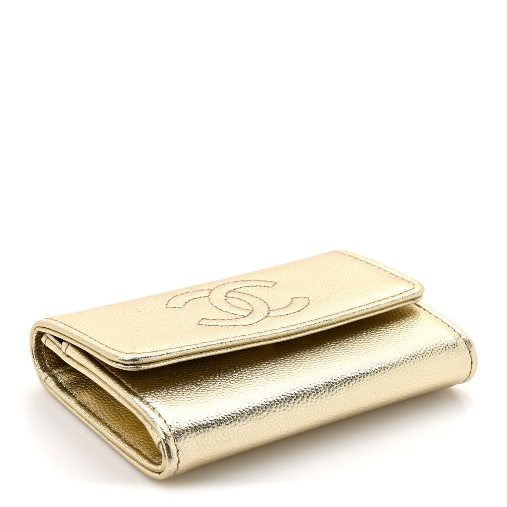 Metallic Caviar Quilted CC Flap  Holder Gold