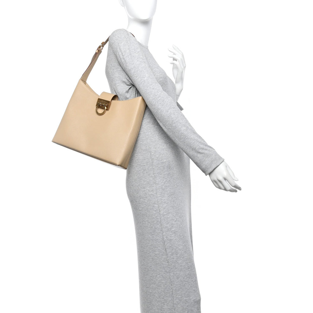 Hammered Calfskin Trifolio Shoulder Bag Sand