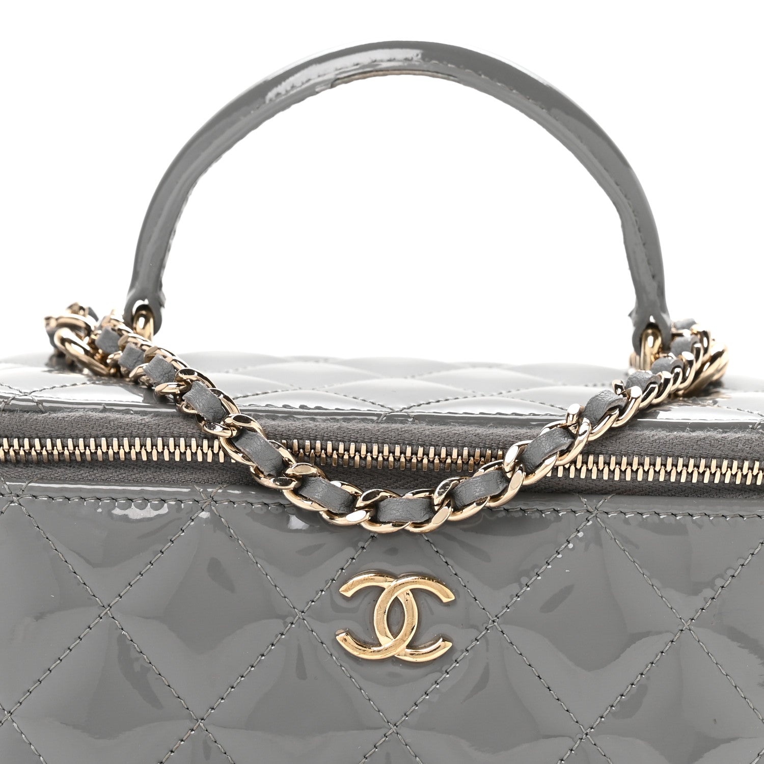 Patent Quilted Quilted Small Top Handle Vanity Case With Chain Grey