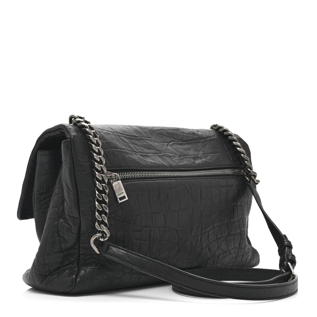 Calfskin Crocodile Embossed Medium West Hollywood Monogram Fold-Over Black