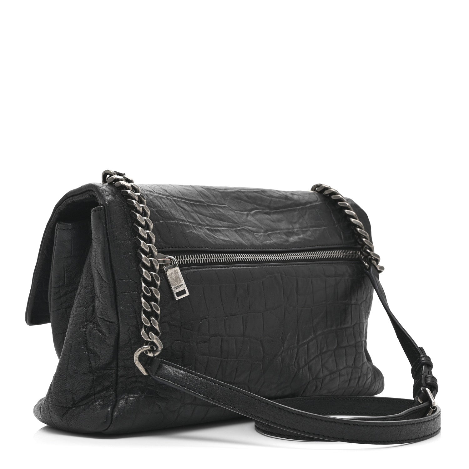 Calfskin Crocodile Embossed Medium West Hollywood Monogram Fold-Over Black