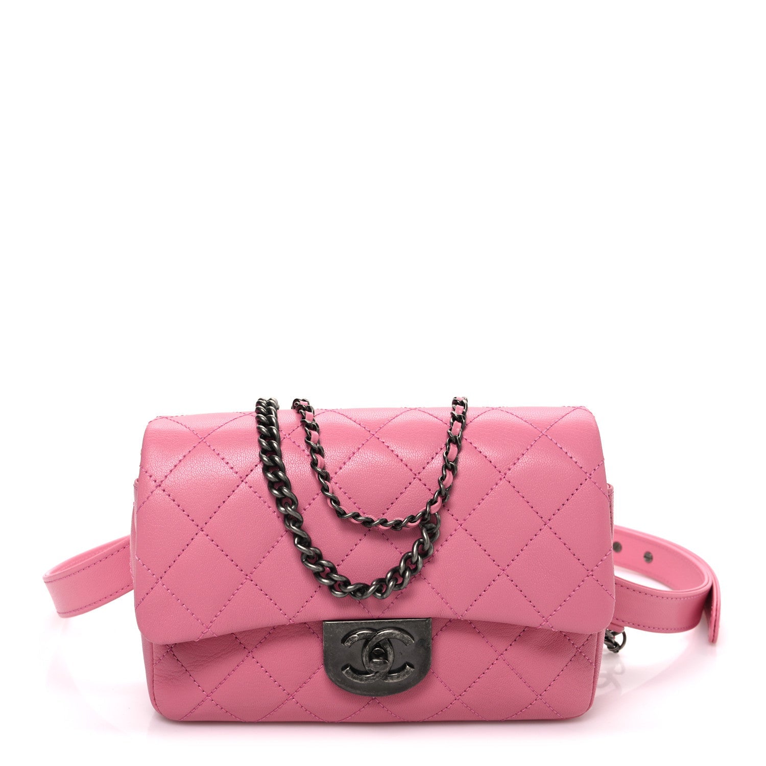 Shiny Goatskin Quilted Small Double Carry Waist Chain Flap Pink