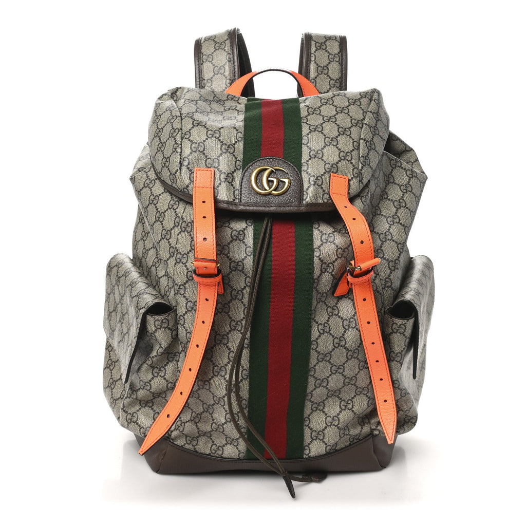 GG Supreme Monogram Medium Ophidia Double Buckle Backpack Beige Ebony Neon Orange
