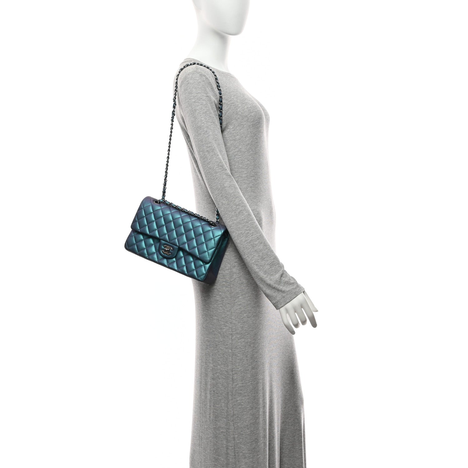 Iridescent Lambskin Quilted Medium Double Flap Turquoise