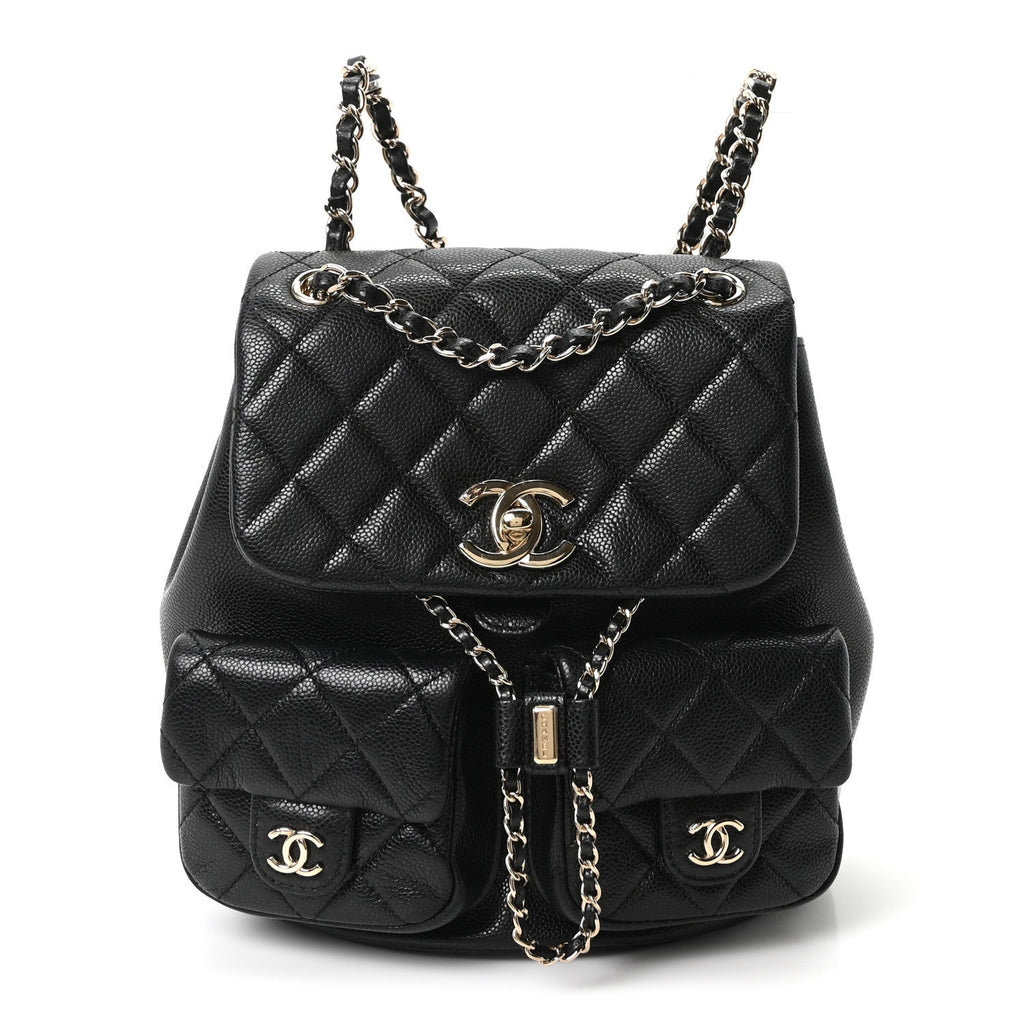 Shiny Caviar Quilted Medium Duma Pockets Drawstring Backpack Black