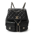 Shiny Caviar Quilted Medium Duma Pockets Drawstring Backpack Black