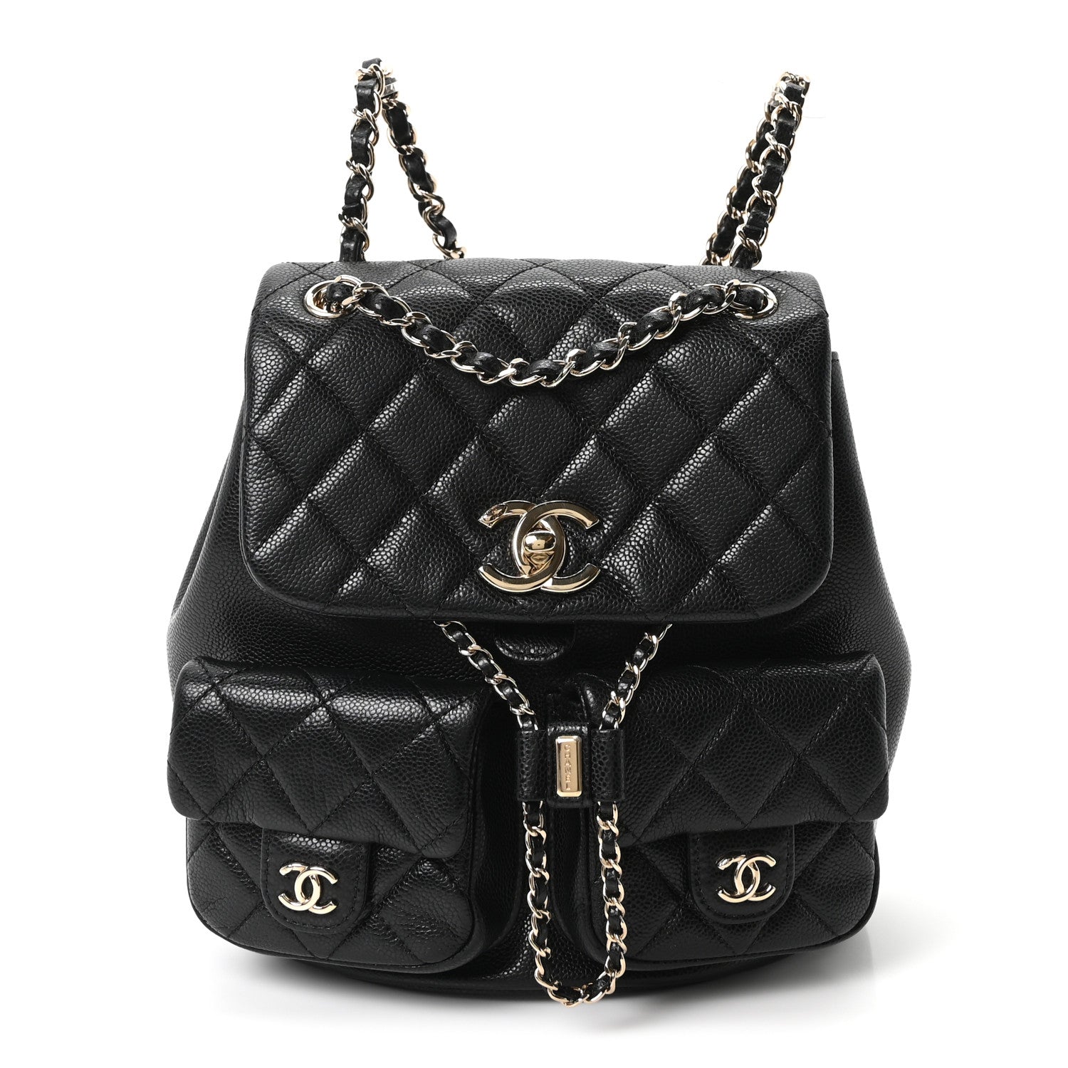 Shiny Caviar Quilted Medium Duma Pockets Drawstring Backpack Black