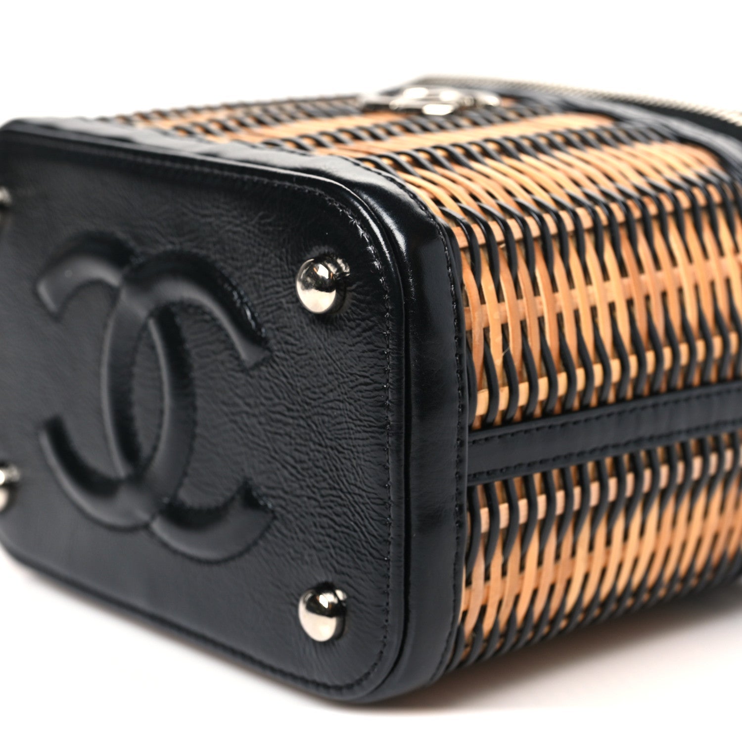 Calfskin Raffia Small Vanity Case Bag Black Beige