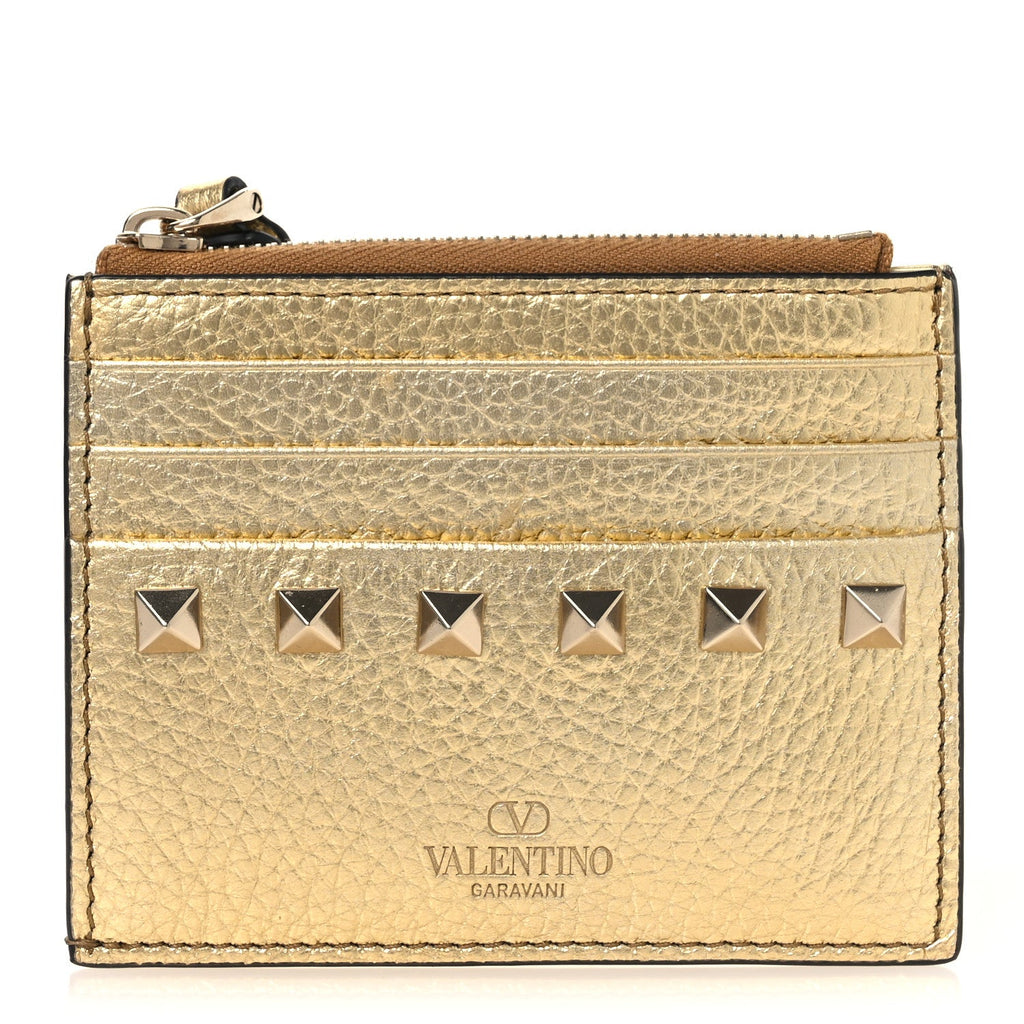 Metallic Pebbled Calfskin Rockstud  Holder With Zipper Gold