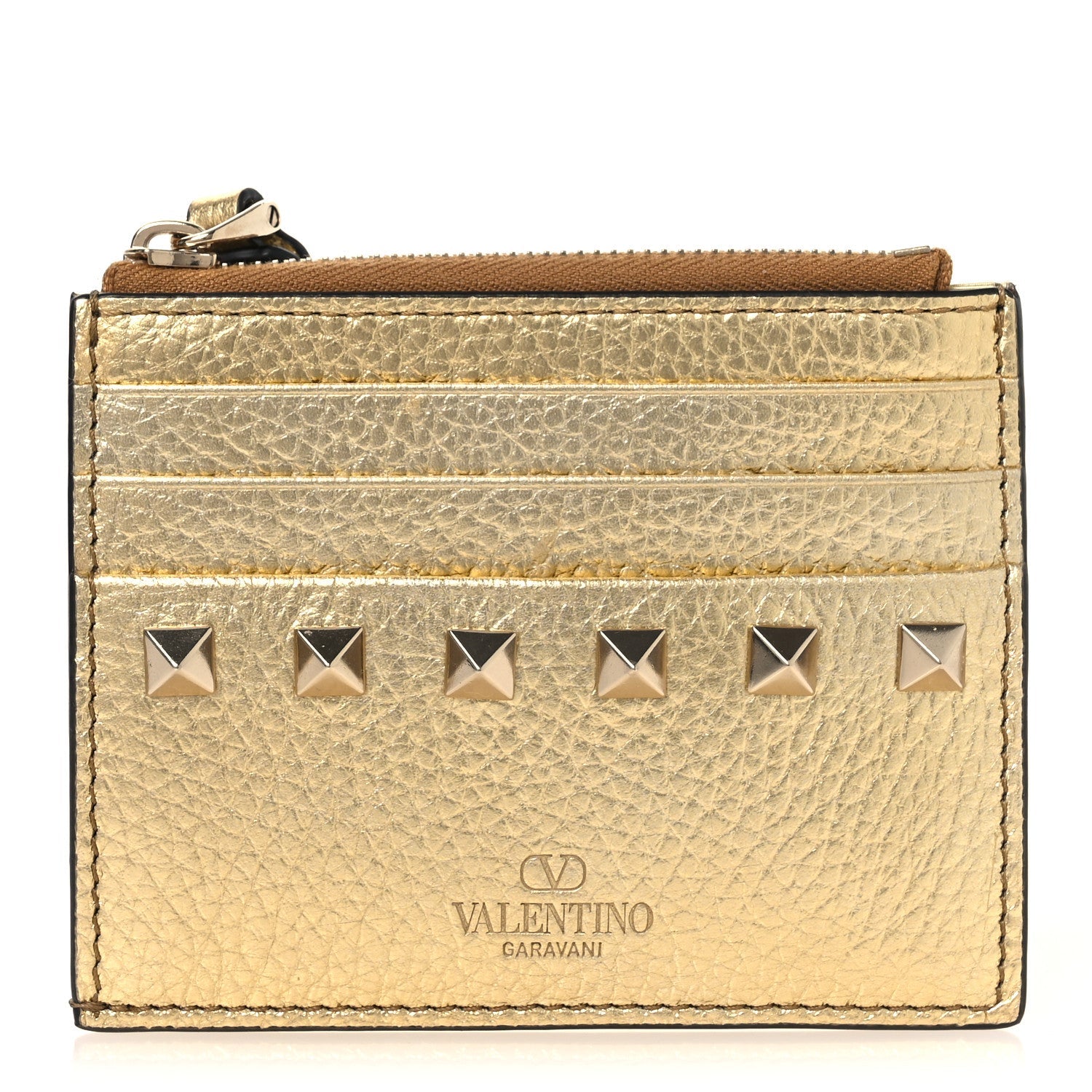 Metallic Pebbled Calfskin Rockstud  Holder With Zipper Gold